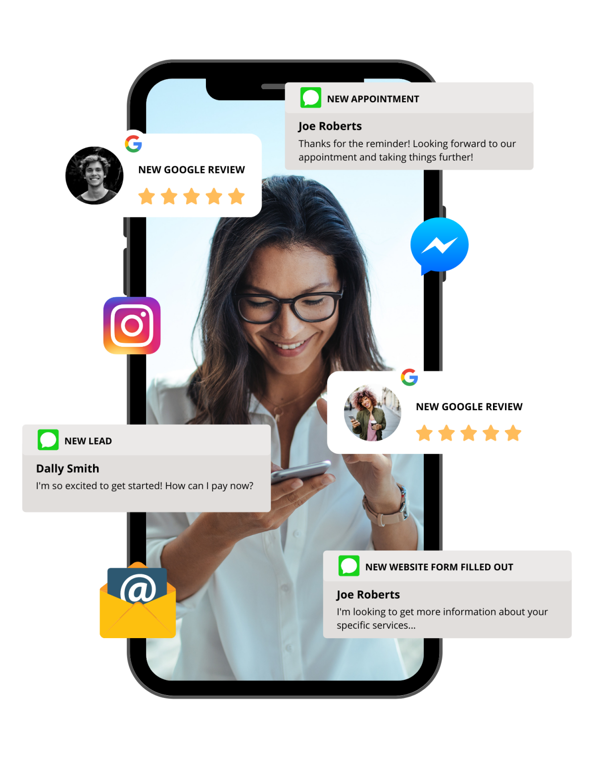 all in one toolkit mobile application showing social media notifications, leads, reviews and new appointment notifications