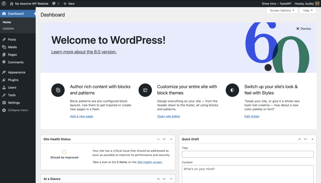 Wordpress 6.0 Dashboard